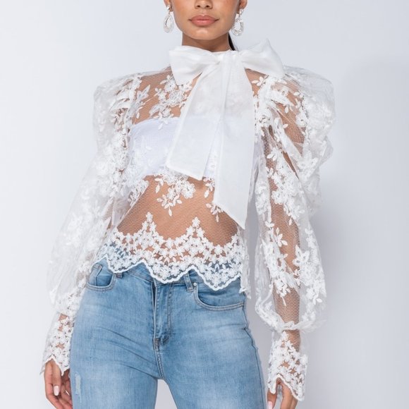 Realty Tops - White Lace Long Puff Sleeve Pussy Bow Tie Blouse